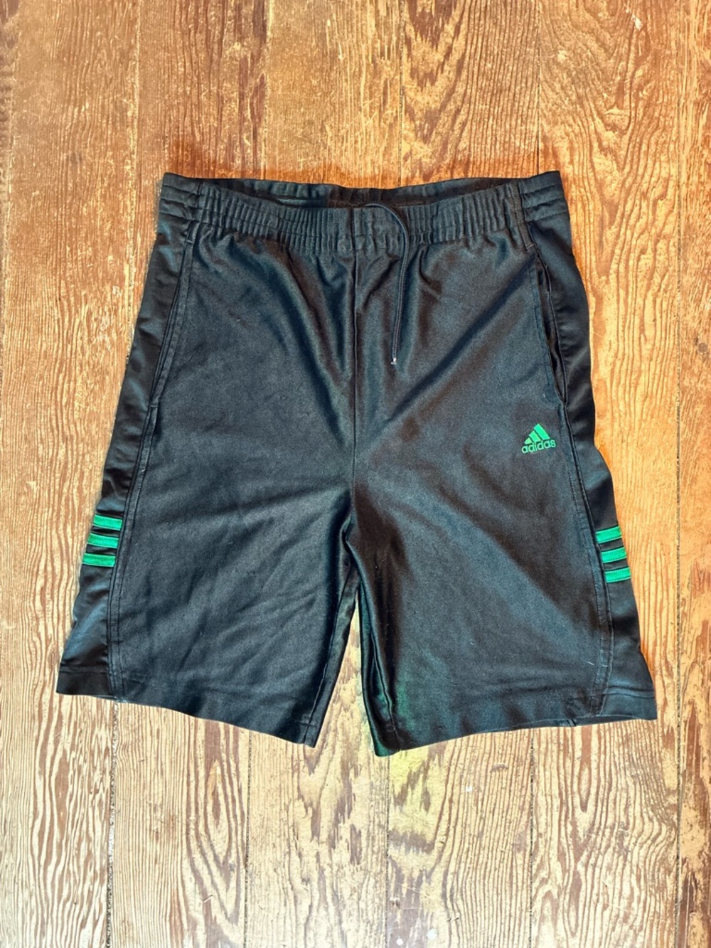 adidas Black Athletic Shorts with Green Logo and Stripes